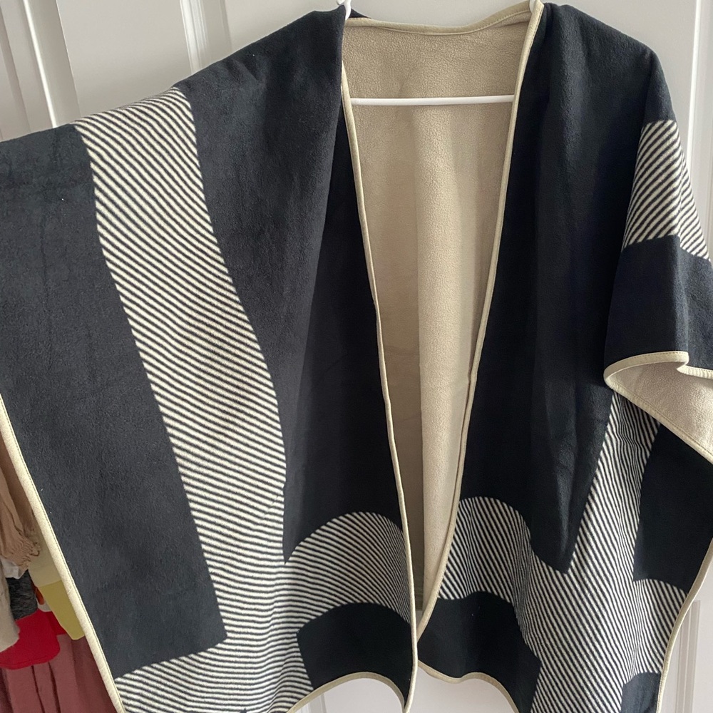 Black and Cream Striped Open Front Poncho